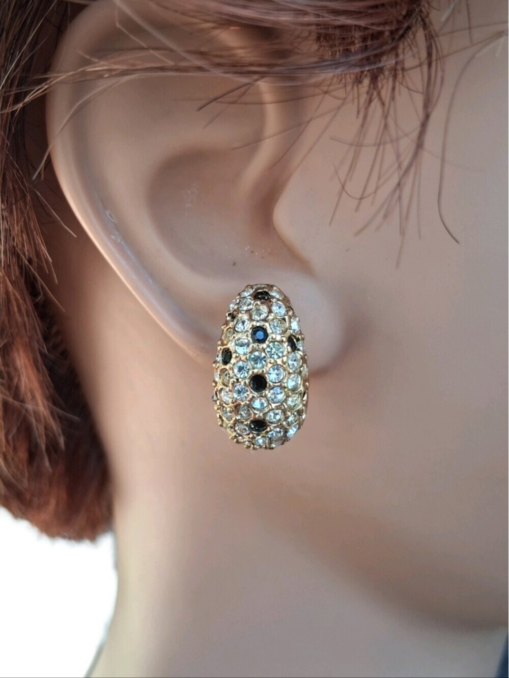 Vintage Roman Gold Tone Clear Black Rhinestone Pave Half Hoop Post Earrings